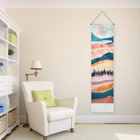 Tapisserie Murale Verticale Peinture Paysage Polyester Coton Parchemin Suspendu Avec Gland Poteau En Bois Décoration Nordique