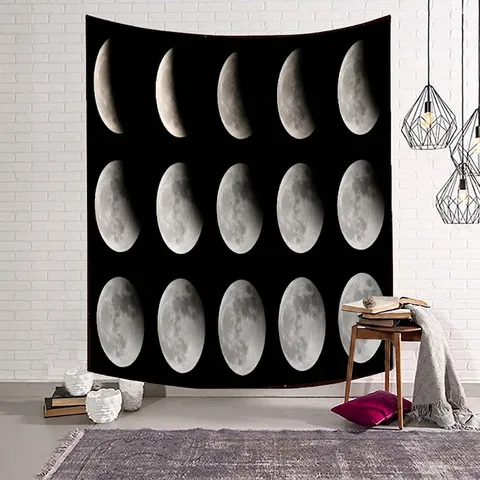 Tapisserie Cycle des Phases de la Lune Nordique Noir Suspension Murale Tissu Fond Polyester Pour Chambre Salon Dortoir
