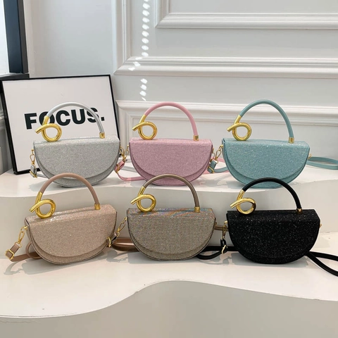 Damen Halbmond Umhängetasche Pailletten Glitzer PU Goldener Spiralgriff Abnehmbarer Schultergurt Party Handtasche