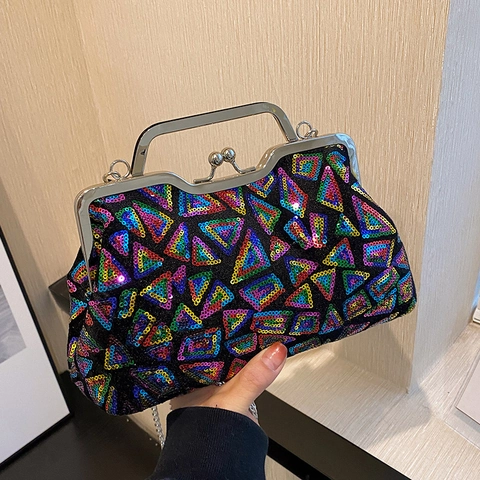 Borsa da Sera con Paillettes Geometriche da Donna Moda Mosaico Laser Crossbody Clutch Con Tracolla a Catena Manico in Metallo Borsa per Matrimonio Festa