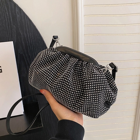 Women Rhinestone Ruched Cloud Bag PU Leather Crossbody Bag Elegant Evening Clutch Bag With Adjustable Shoulder Strap For Party Wedding