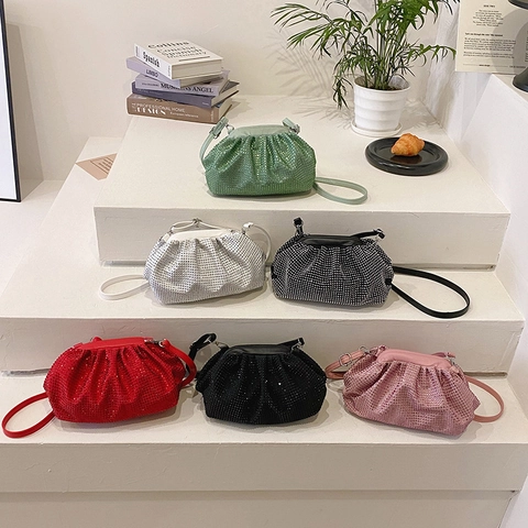 Women Rhinestone Ruched Cloud Bag PU Leather Crossbody Bag Elegant Evening Clutch Bag With Adjustable Shoulder Strap For Party Wedding