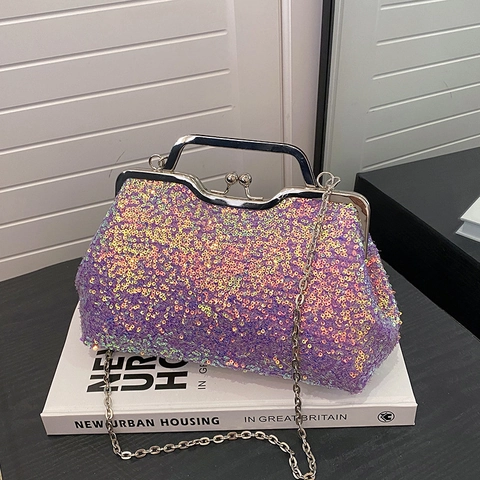 Borsa da Sera con Paillettes da Donna Elegante Pochette da Matrimonio con Tracolla a Catena Manico in Metallo Vintage