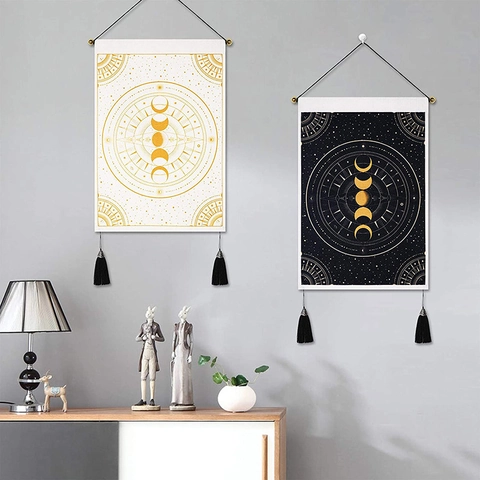 Mondphasen Wandteppich Himmlisch Sternzeichen Wandbild Mit Quasten Und Holzstab Nordische Böhmische Wohnkultur