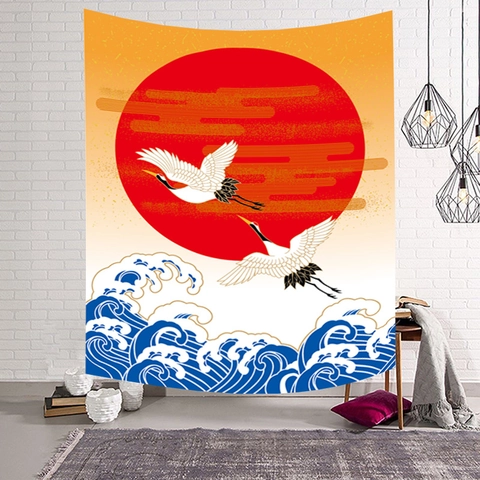 Japanese Style Ukiyo-e Tapestry The Great Wave Off Kanagawa Red Sun Crane Polyester Wall Hanging For Living Room Art Decor