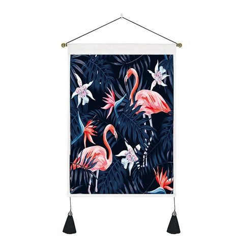 Tapisserie Murale Style Nordique avec Flamant Rose et Fleurs Tropicales Avec Frange et Tige de Suspension Tissu Polyester Coton Décor Maison