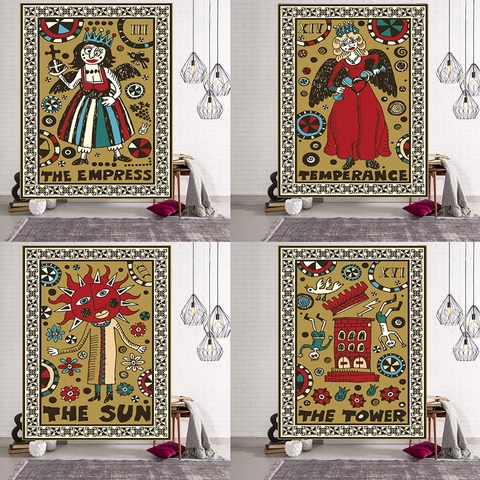 Tarot Card Wall Tapestry Polyester Bohemian Vintage Sun Empress Tower Temperance Digital Printing Wall Hanging Decor