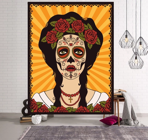 Mexikanische Tag Der Toten Totenkopf Mädchen Wandteppich Rote Rose Floral Catrina Gothic Wandbehang Polyester Kunst Dekor