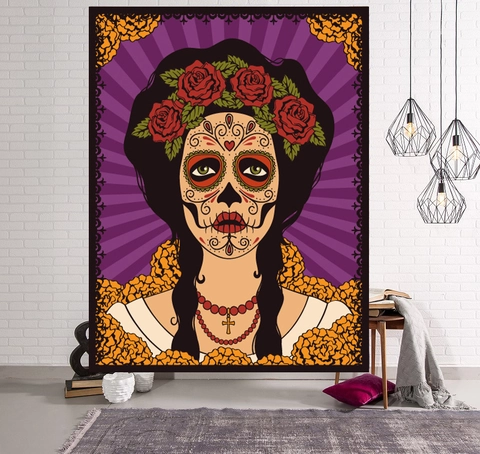 Mexikanische Tag Der Toten Totenkopf Mädchen Wandteppich Rote Rose Floral Catrina Gothic Wandbehang Polyester Kunst Dekor