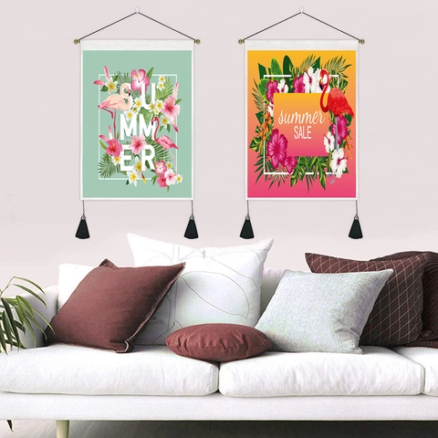 Tapisserie Murale Style Nordique avec Flamant Rose et Fleurs Tropicales Avec Frange et Tige de Suspension Tissu Polyester Coton Décor Maison