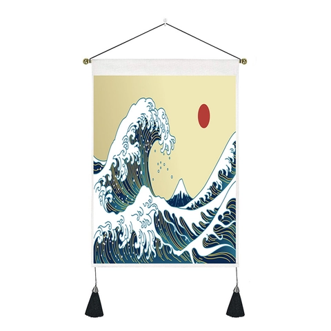 Japanese Kanagawa Wave Tapestry Wall Hanging Polyester Cotton Scroll Painting Wood Pole Tassels Home Living Room Art Decor