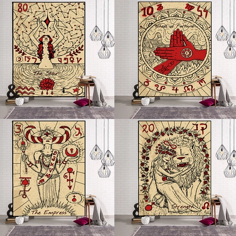 Tarot Tapestry Vintage Wall Hanging Aesthetic Occult Mystical Polyester Background Cloth For Bedroom Living Room Decor