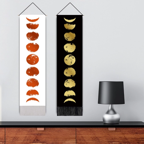 Moon Phase Wall Hanging Tapestry Polyester Cotton Fabric With Wooden Pole And Tassels Boho Style Long Vertical Art For Living Room