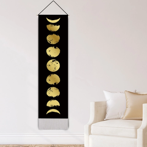 Moon Phase Wall Hanging Tapestry Polyester Cotton Fabric With Wooden Pole And Tassels Boho Style Long Vertical Art For Living Room