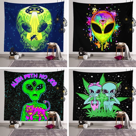 Alien UFO Wall Tapestry Polyester Fabric Psychedelic Art Wall Hanging Decor For Living Room Bedroom Aesthetic