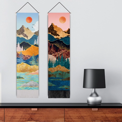 Nordic Style Abstract Landscape Tapestry Hanging Wall Art Polyester Cotton Fabric With Tassels Wood Rod Scroll Decor