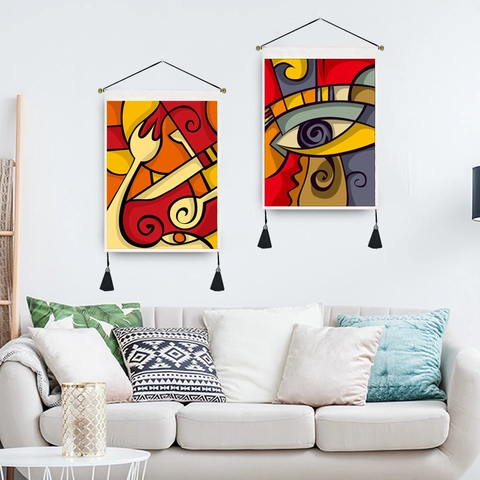 Moderner Abstrakter Geometrischer Wandteppich Polyester Baumwolle Künstlerisches Wanddekor Mit Stab Quasten Wohnzimmer Schlafzimmer