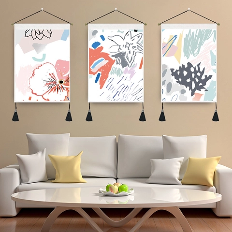 Modern Abstract Art Wall Hanging Tapestry With Wood Pole And Tassels Minimalist Polyester Cotton Floral Art Print Decor