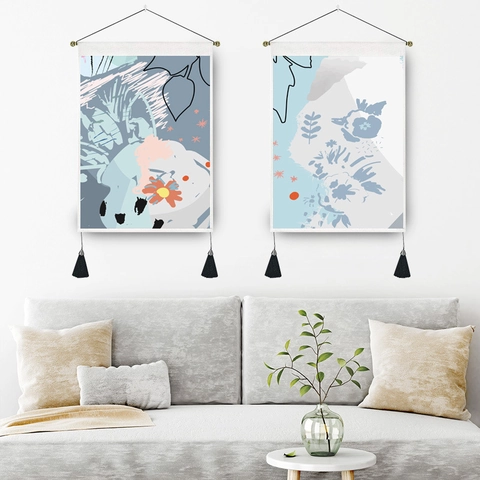 Modern Abstract Art Wall Hanging Tapestry With Wood Pole And Tassels Minimalist Polyester Cotton Floral Art Print Decor