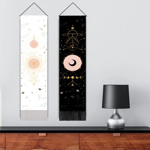 Arazzo Da Parete Cotone Lino Motivo Astrologia Fasi Lunari Celesti Con Nappe Asta Di Legno Decorazione Boho