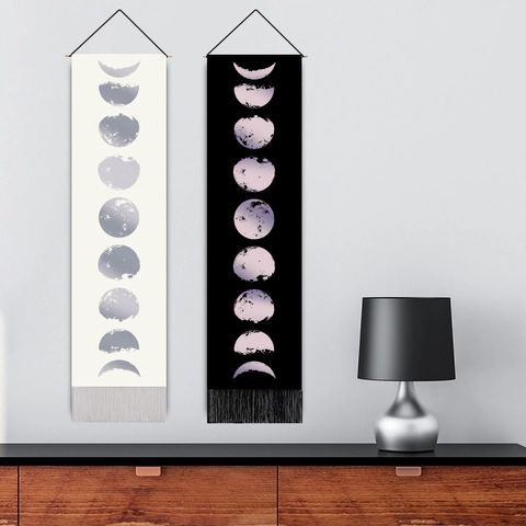 Tenture Murale Cycle Lunaire Tapisserie Polyester Coton Nordique Bannière Verticale Avec Glands Et Tige En Bois Décorative