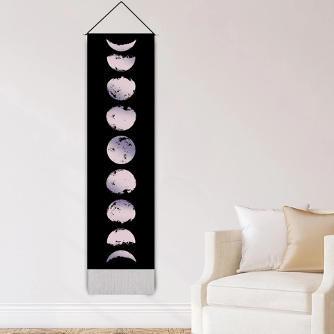 Tenture Murale Cycle Lunaire Tapisserie Polyester Coton Nordique Bannière Verticale Avec Glands Et Tige En Bois Décorative