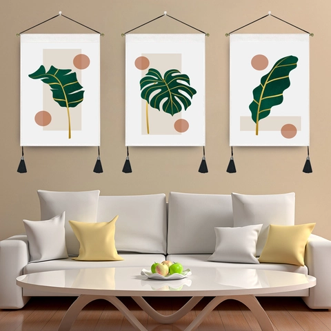 Tapisserie Murale Botanique Nordique Polyester Coton Impression De Feuilles Tropicales Décor Art Avec Glands Et Tige En Bois