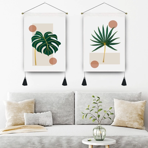 Tapisserie Murale Botanique Nordique Polyester Coton Impression De Feuilles Tropicales Décor Art Avec Glands Et Tige En Bois