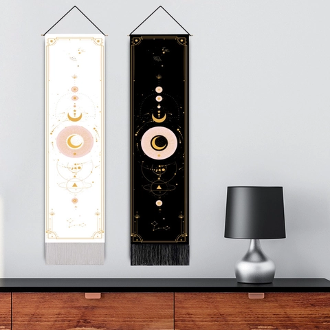 Arazzo Da Parete Cotone Lino Motivo Astrologia Fasi Lunari Celesti Con Nappe Asta Di Legno Decorazione Boho