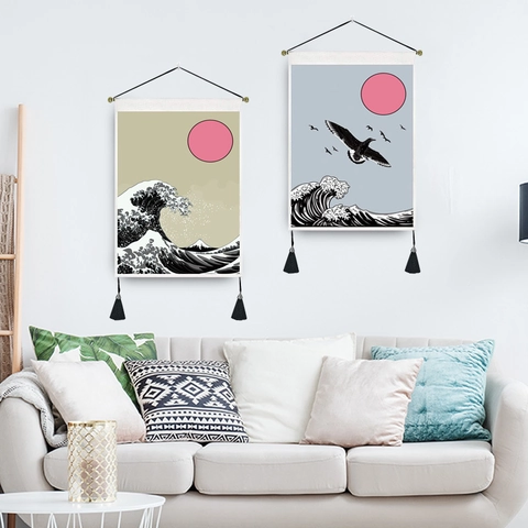 Arazzo Da Parete Giapponese Ukiyo-e Rotolo Da Parete Poliestere Cotone Con Asta Corda E Nappine Per Decorazione Casa