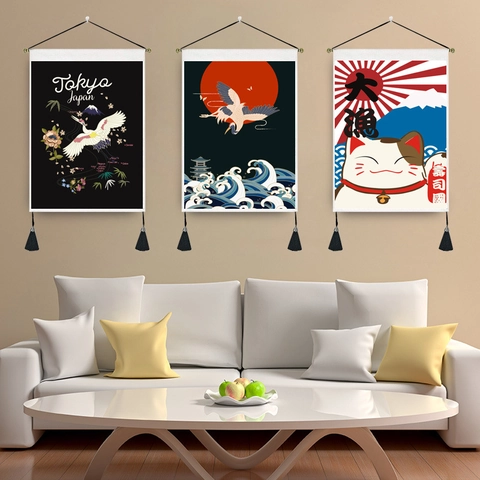 Tapiz De Pared Japonés Poliéster Algodón Rollo Pintura Decorativa Con Poste De Madera Y Borlas Estilo Ukiyoe