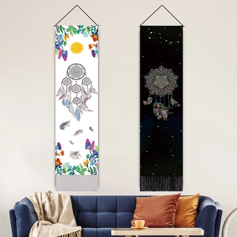 Arazzo Da Parete Acchiappasogni Boho Cotone Lino Mandala Fiore Costellazione Verticale Lungo Rotolo Decorativo Con Nappe