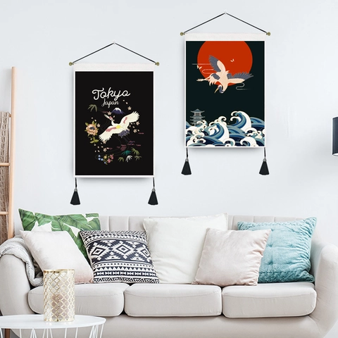 Tapiz De Pared Japonés Poliéster Algodón Rollo Pintura Decorativa Con Poste De Madera Y Borlas Estilo Ukiyoe
