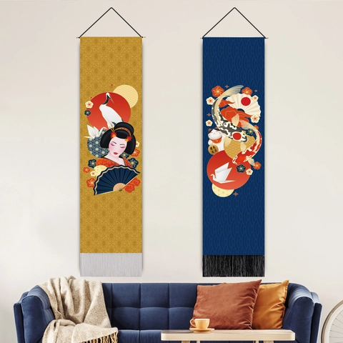 Japanese Ukiyo-e Style Hanging Scroll Tapestry Koi Fish Lucky Cat Geisha Pattern Polyester Cotton Wall Art Decoration With Tassels For Living Room Bedroom