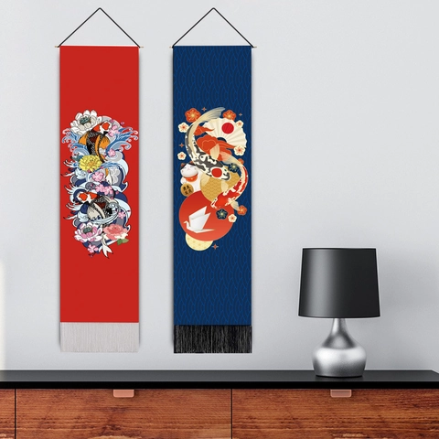 Japanese Ukiyo-e Style Hanging Scroll Tapestry Koi Fish Lucky Cat Geisha Pattern Polyester Cotton Wall Art Decoration With Tassels For Living Room Bedroom