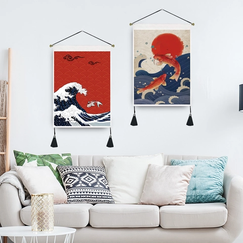 Japanese Ukiyo-e Wall Hanging Tapestry Polyester Cotton Fabric Koi Fish Wave Pattern Decorative Scroll With Rod Tassel