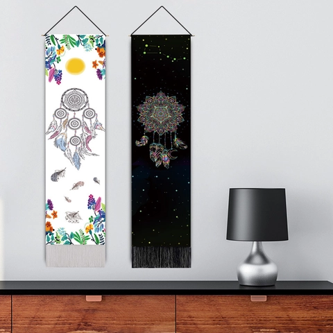 Arazzo Da Parete Acchiappasogni Boho Cotone Lino Mandala Fiore Costellazione Verticale Lungo Rotolo Decorativo Con Nappe