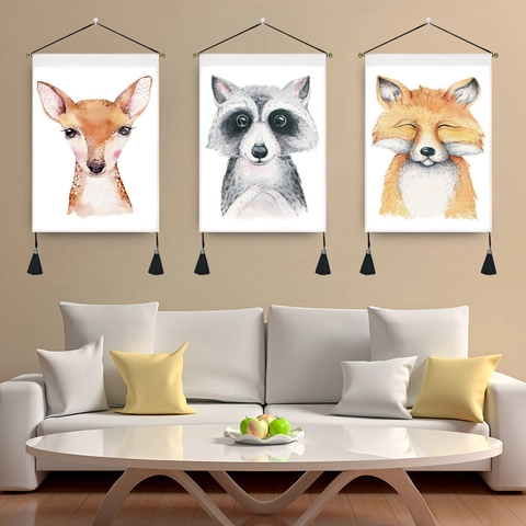 Nordic Watercolor Animal Wall Tapestry Polyester Cotton Blend Hanging Scroll Painting With Tassels Home Decor