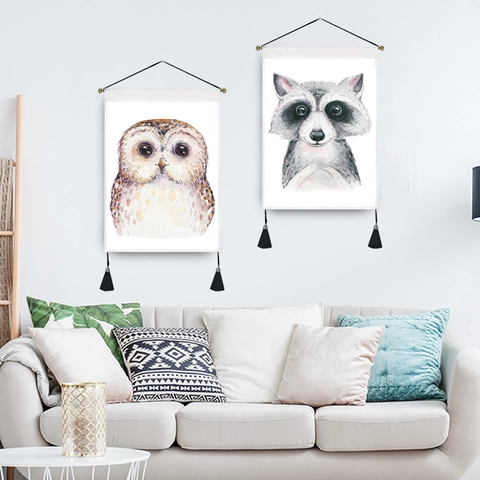 Nordic Watercolor Animal Wall Tapestry Polyester Cotton Blend Hanging Scroll Painting With Tassels Home Decor