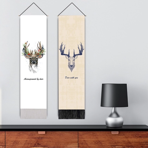 Wandbehang Mit Hirschkopf Polyester Baumwolle Vertikale Tapisserie Mit Quasten Nordischer Stil Inneneinrichtung Kunst