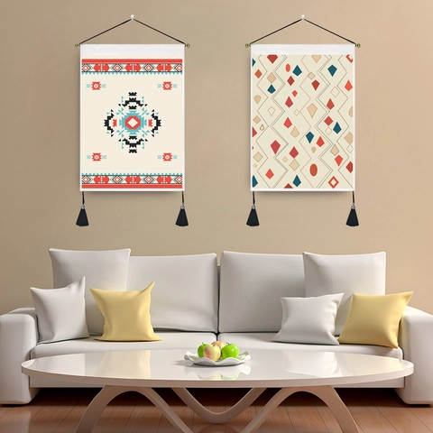 Geometric Bohemian Wall Tapestry Hanging Painting With Tassels And Wooden Rod Decorative Polyester Cotton Tribal Pattern