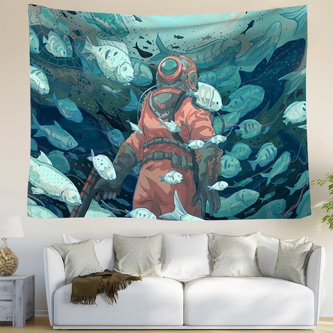 Nordic Artistic Fantasy Forest Life Tree Starry Lion Diver Panda Polyester Brushed Fabric Tapestry Wall Hanging Decor