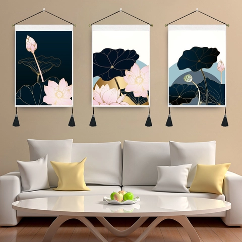 Lotusbloem Wandtapijt Polyester Katoen Met Kwastjes Houten Stok Voor Woonkamer Moderne Chinese Rolkunst