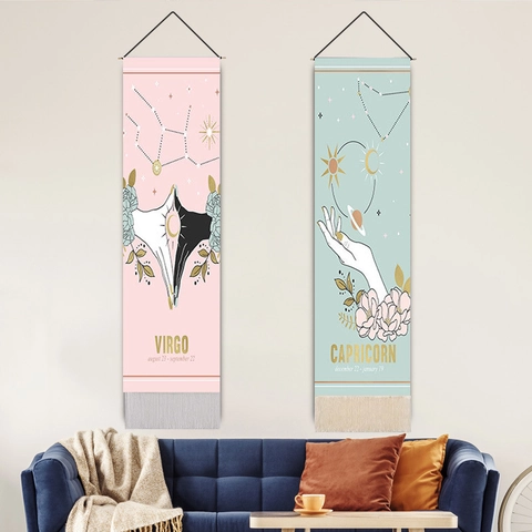 Arazzo da Parete con Segni Zodiacali in Poliestere Cotone con Asta di Legno e Nappine Boho Celestiale Arredamento Casa