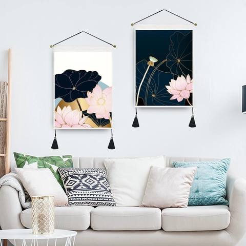 Lotusbloem Wandtapijt Polyester Katoen Met Kwastjes Houten Stok Voor Woonkamer Moderne Chinese Rolkunst