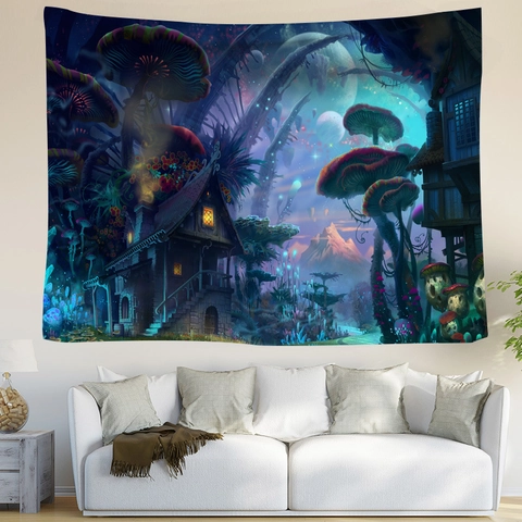 Nordic Artistic Fantasy Forest Life Tree Starry Lion Diver Panda Polyester Brushed Fabric Tapestry Wall Hanging Decor