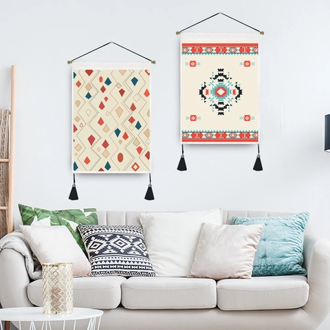 Geometric Bohemian Wall Tapestry Hanging Painting With Tassels And Wooden Rod Decorative Polyester Cotton Tribal Pattern