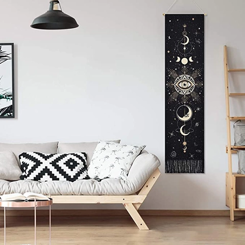Böhmischer Mondphasen Wandteppich Wandbehang Mystisches Auge Astrologie Sonne Stern Dekor Mit Fransen Holzstab Polyester Baumwolle