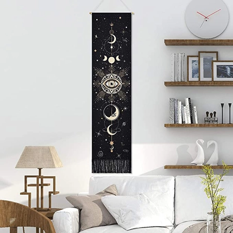 Böhmischer Mondphasen Wandteppich Wandbehang Mystisches Auge Astrologie Sonne Stern Dekor Mit Fransen Holzstab Polyester Baumwolle