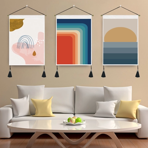 Abstrakte Geometrische Wandteppich Nordischen Stil Hängende Kunst Dekor Mit Quasten Und Holzstab Polyester Baumwolle Leinwand